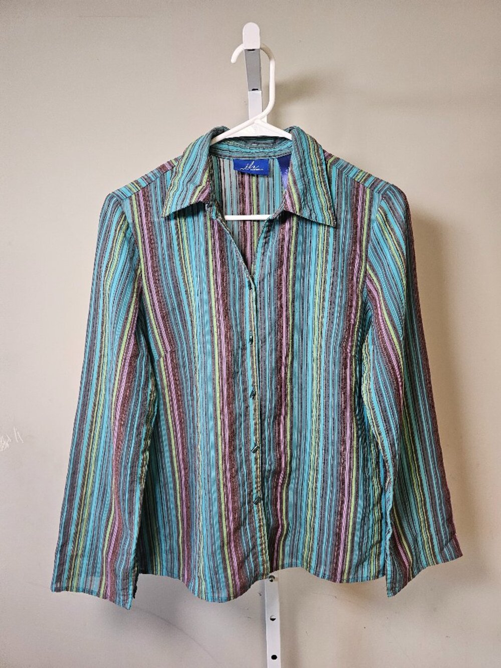 JM Collection Blouse Blue Purple Stripes Button Up Boho Casual M